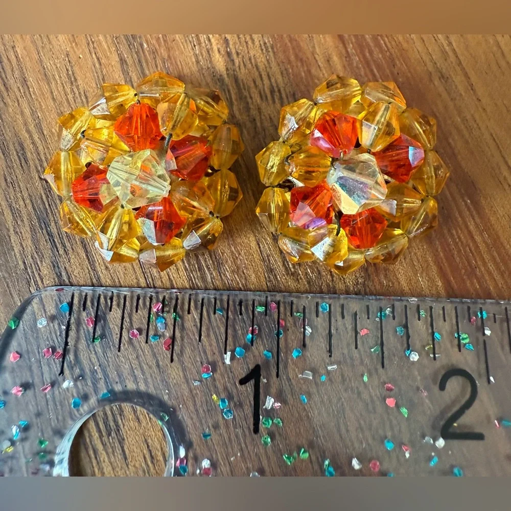 Lot of 3 Vintage Gold and Amber Tone Topaz Clip On Beaded Earrings